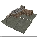 Modern Storage Scene With Stacked Wooden Pallets Rolled Materials And Sacks On Green Tarp