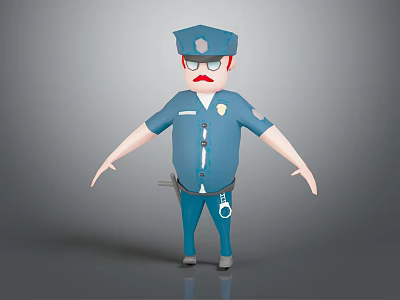 3D Cartoon Police Officer Character Design With Blue Uniform Badge Handcuffs Mustache And Glasses 3d model
