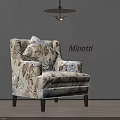 Minotti Accent Chair With Floral Pattern Upholstery Under Pendant Light Gray Wall And Wooden Floor