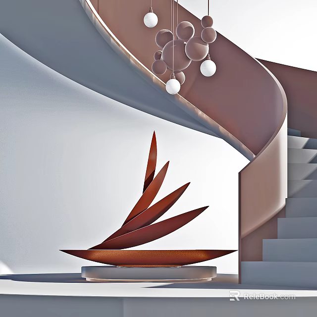 Elegant Spiral Staircase Design With Curved Railing And Decorative Sculpture 3d model 