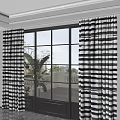 Floor to Ceiling Window Interior View With Black And White Striped Curtains And Balcony Plants