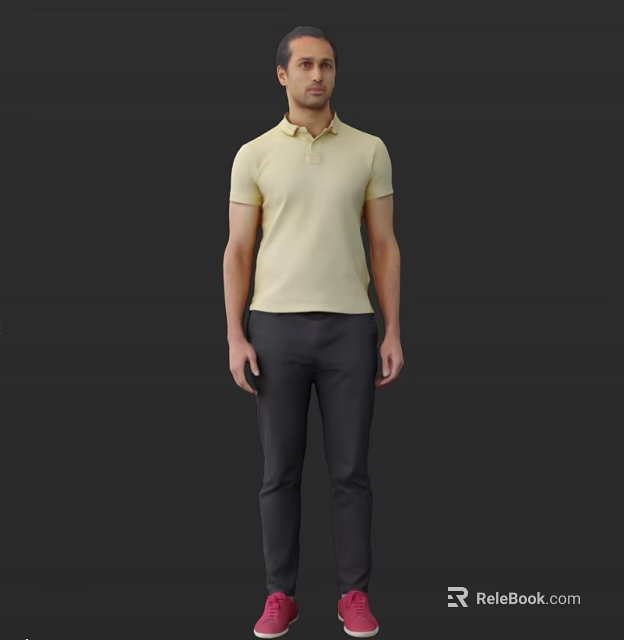 Man Wearing Yellow Polo Shirt And Dark Pants Standing Against Dark Background 3d model 