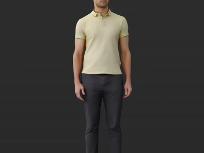 Man Wearing Yellow Polo Shirt And Dark Pants Standing Against Dark Background 3d model