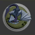 Colorful Dragon Figure with Purple Blue Wings on White Pedestal Green Grass and Wooden Log