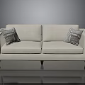 Beige Two Seater Sofa With Geometric Pattern Pillows And Dark Wooden Legs