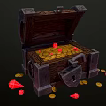 Open Wooden Treasure Chest With Metal Locks Filled With Gold Coins And Red Gems
