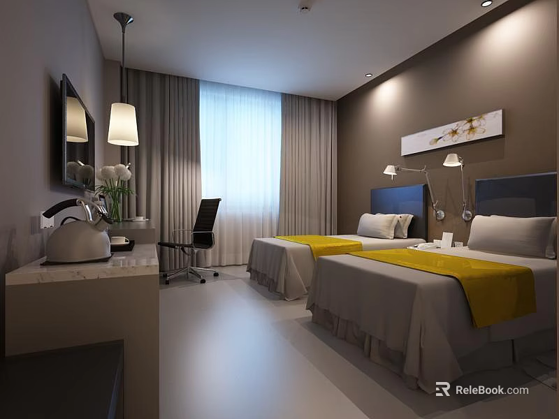 Modern Hotel Room Interior With Twin Beds Yellow Blankets Gray Curtains And Decorative Painting 3d model 