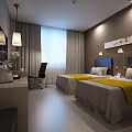 Modern Hotel Room Interior With Twin Beds Yellow Blankets Gray Curtains And Decorative Painting