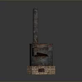 Old Fashioned Household Stove With Brick Base Chimney And Burning Red Flames