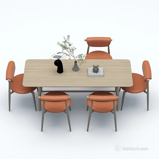 Wooden Dining Table Set With Orange Chairs And Decorative Table Items 3d model
