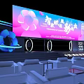 Modern Ballroom Event Space With Pink Blue Stage Backdrop And White Sofa Seats
