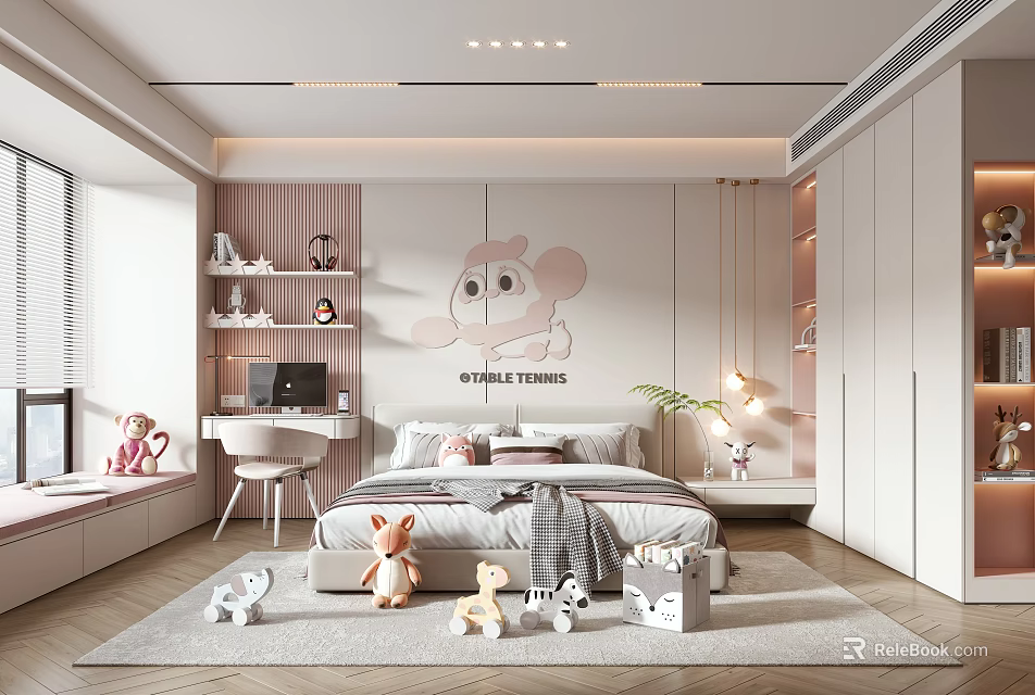 Cozy Modern Kids Room With Pink Striped Wall Cartoon Monkey Bed Desk And Toys 3d model 
