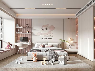 Cozy Modern Kids Room With Pink Striped Wall Cartoon Monkey Bed Desk And Toys 3d model
