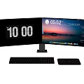 Dual Monitor Computer Setup With Digital Clock Display Keyboard And Mouse