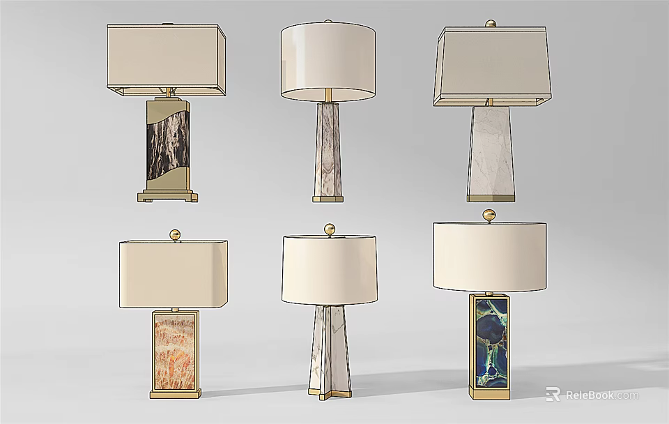 Modern Table Lamps With Various Stone Bases And Rectangular Fabric Shades 3d model