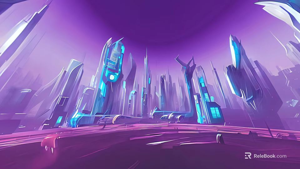 Futuristic Tall City Buildings in Purple Hue with Blue Lighting Urban Skyline 3d model 