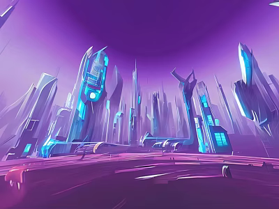Futuristic Tall City Buildings in Purple Hue with Blue Lighting Urban Skyline 3d model