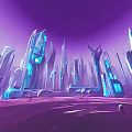Futuristic Tall City Buildings in Purple Hue with Blue Lighting Urban Skyline