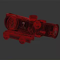 Black Tactical Rifle Scope With Red Accent And Mounting Base On Dark Surface 3d model