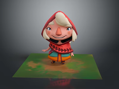 3D Animated Character With Red Hooded Cloak White Hair Smiling Standing On Green Grass 3d model
