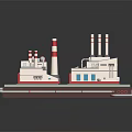 Industrial Factory Building Complex With Red White Chimneys And Pipes
