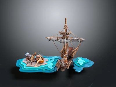 Model Ship Display Scene With Wooden Mast Sails Blue Wave Base And Cannon Barrel 3d model