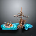 Model Ship Display Scene With Wooden Mast Sails Blue Wave Base And Cannon Barrel