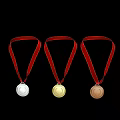 Gold Silver Bronze Medals with Red Ribbons Award Display on Dark Background