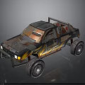 Off Road Truck With Large Tires Flame Decals Rusty Patched Body And Roof Rack