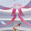Hanging Decorations With Red And Blue Ribbons And Circular Frames In Ceiling Grid Space 3d model