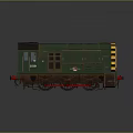 Green Train Locomotive with Yellow Black Stripes Red Undercarriage on Reflective Background