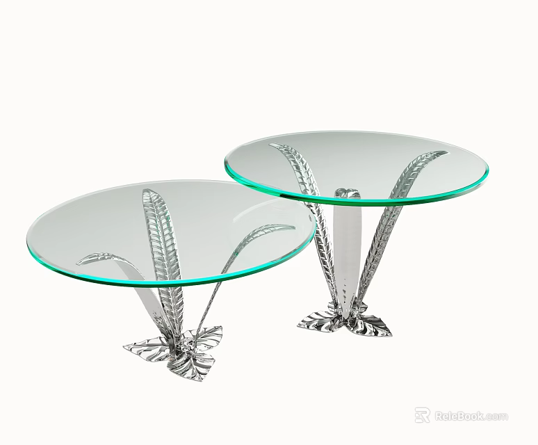 Two Circular Coffee Tables With Glass Top And Silver Feather Like Metal Base 3d model 