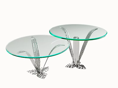 Two Circular Coffee Tables With Glass Top And Silver Feather Like Metal Base 3d model