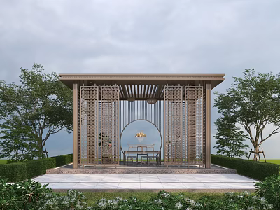 Chinese Style Wooden Pavilion With Circular Decoration Stone Slab Floor And Green Plants 3d model