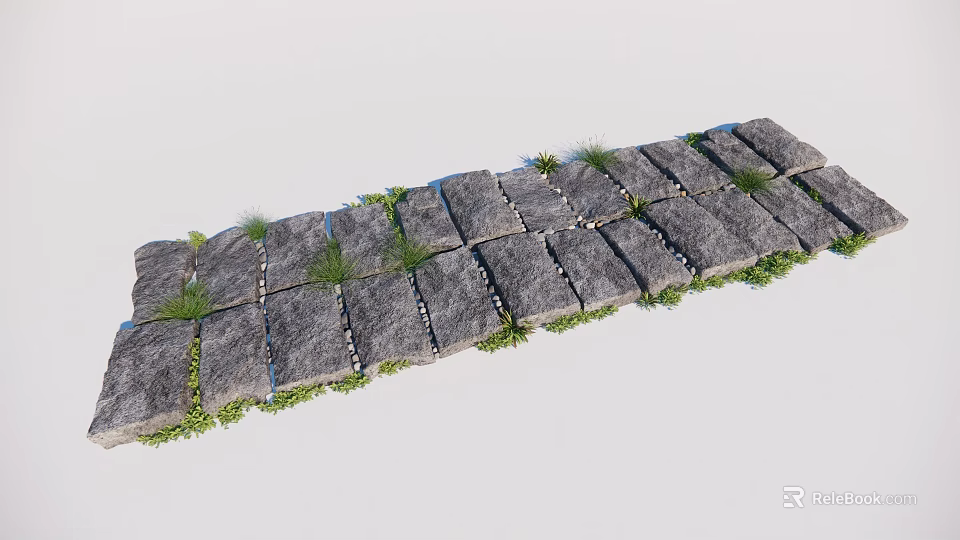 Natural Gray Stepping Stone Path With Green Grass And Pebbles In Garden 3d model 