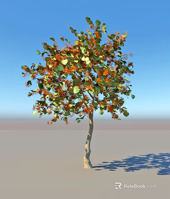 Lush Arbor With Green Leaves Orange Flowers And Light Colored Trunk Under Blue Sky 3d model 