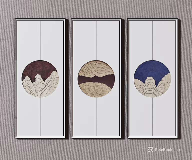 Three Panel Wall Art With Circular Mountain Patterns Brown Beige Blue White Background Black Frames 3d model