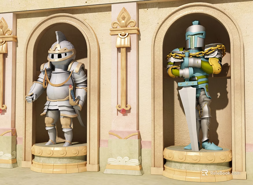 Game Movie Characters Knight Statues in Silver Blue Armor With Swords in Decorative Arched Doorways 3d model 
