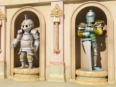 Game Movie Characters Knight Statues in Silver Blue Armor With Swords in Decorative Arched Doorways 3d model