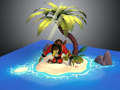 Red Clothed Pirate Bird Creature Standing On Tropical Island With Palm Tree And Blue Water 3d model