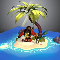 Red Clothed Pirate Bird Creature Standing On Tropical Island With Palm Tree And Blue Water