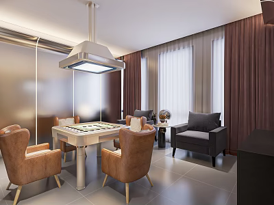 Hotel Mahjong Room Interior With Mahjong Table Brown Chairs Pendant Light And Sofa 3d model