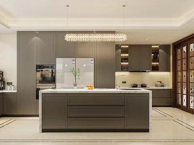 Modern Kitchen Interior With Island Counter Cabinets Appliances And Pendant Lights 3d model