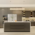Modern Kitchen Interior With Island Counter Cabinets Appliances And Pendant Lights