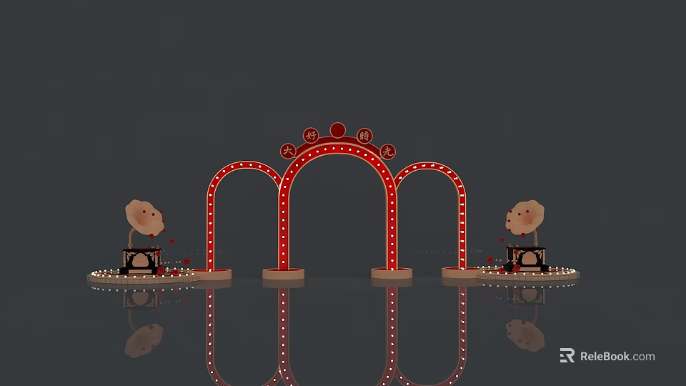 Red Arched Event Gateway With Bright Lights And Cartoon Figures On Sides 3d model 