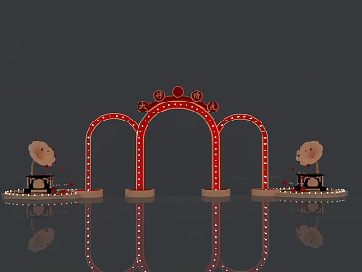Red Arched Event Gateway With Bright Lights And Cartoon Figures On Sides 3d model
