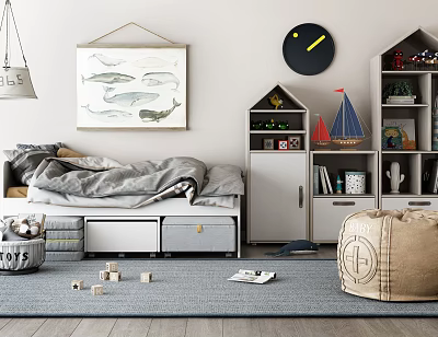 Kids Room Interior With Cozy Bed Whale Painting Wall Clock And Storage Shelves 3d model