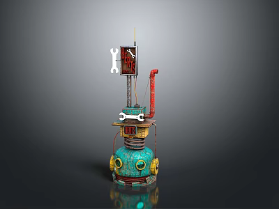 Turquoise Mechanical 3D Structure With Red Pipe Yellow Circular Elements And Sign 3d model