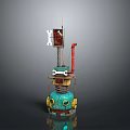 Turquoise Mechanical 3D Structure With Red Pipe Yellow Circular Elements And Sign