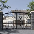Wrought Iron Gate With Intricate Floral Designs Stone Pillars And Flanking Trees For Residential Entrance